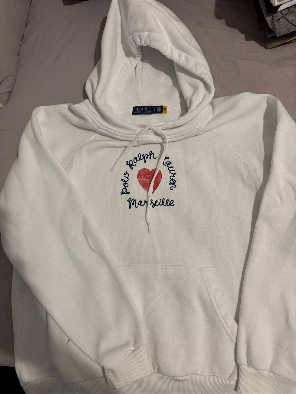 Polo by Ralph Lauren White Hoodie with Red Heart and Navy Script Accent